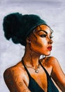 Young female mulatto portrait hand drawn watercolor illustration