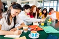 Young multiracial college students studying together at campus cafeteria terrace Royalty Free Stock Photo