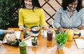 Young multiracial friends having lunch in coffee brunch bar during covid19 Royalty Free Stock Photo