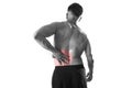 Young muscular body sport man holding sore low back waist are suffering pain in athlete stress Royalty Free Stock Photo