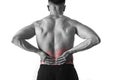 Young muscular body sport man holding sore low back waist are suffering pain in athlete stress