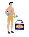 Young muscular bodybuilder standing nearby protein bottle