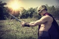 Young muscular man posing in gladiator costume Royalty Free Stock Photo