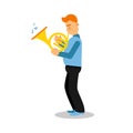 Young musician playing french horn cartoon character vector Illustration Royalty Free Stock Photo