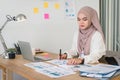 Young Muslim accountant businesswoman analytic business report at workplace.