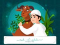 Young Muslim Boy Feeding Grass To Goat For Eid-Al-Adha Mubarak