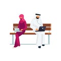 Young Muslim couple in a flat style of sitting on the bench.