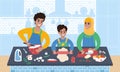 Parents cooking food together with child. Flat style illustration.