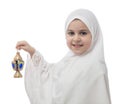 Young Muslim Girl in White Hejab with Lantern Royalty Free Stock Photo