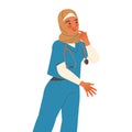 Young Muslim Woman Doctor in Hijab Standing with Stethoscope as Medical Staff Working in Clinic Vector Illustration