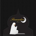 Young muslim woman with hijab praying in black mosque background.illustrator