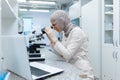 Young Muslim woman in hijab. a scientist, a pharmacist, a doctor works in a laboratory. Sits at the table and looks into Royalty Free Stock Photo