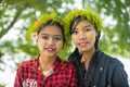 Young Myanmar girls with thanaka on her face is happiness