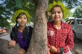 Young Myanmar girls with thanaka on her face is happiness