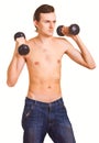 Young naked men with dumbbells