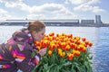 Young native dutch woman smelling blossoming tulips in the harbor from Amsterdam