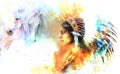 Young Native Indian Woman Wearing A Gorgeous Feather Headdress, With Two Horse, And Cosmic Space Background.