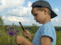 Young naturalist examines field weed flowers through a magnifier