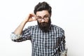 Young nerd bearded businessman touching his glasses Royalty Free Stock Photo