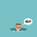 Young nerd calling for help in the pit / editable flat vector il