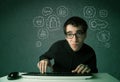 Young nerd hacker with virus and hacking thoughts Royalty Free Stock Photo