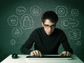 Young nerd hacker with virus and hacking thoughts Royalty Free Stock Photo