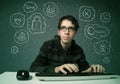 Young nerd hacker with virus and hacking thoughts Royalty Free Stock Photo