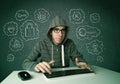 Young nerd hacker with virus and hacking thoughts Royalty Free Stock Photo