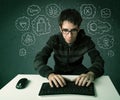 Young nerd hacker with virus and hacking thoughts Royalty Free Stock Photo