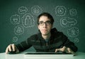 Young nerd hacker with virus and hacking thoughts Royalty Free Stock Photo