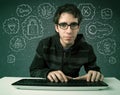 Young nerd hacker with virus and hacking thoughts Royalty Free Stock Photo