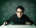 Young nerd hacker with virus and hacking thoughts Royalty Free Stock Photo