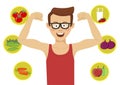 Young nerd man with glasses showing his muscles against healthy food