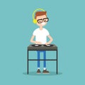 Young nerd wearing headphones and scratching a record on the turntable / flat editable vector illustration Royalty Free Stock Photo