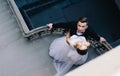 Young newlyweds on old balcony Royalty Free Stock Photo