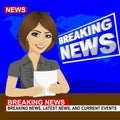 Young news anchor woman reporting breaking news sitting in studio