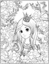 Young nice girl in princess crown in the garden of roses. Outlin