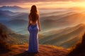 Young non recognizable woman with curvers in beautiful dress standing on top of hill at sunset and looks at that view
