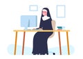 Young nun sitting at her desk. Woman at computer. Sister in religion. Female working in office. Catholic believers job