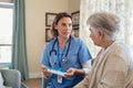 Nurse explaining medicine dosage to senior woman at nursing home Royalty Free Stock Photo