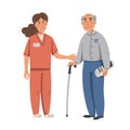 Young nurse helping and supporting elderly man. Yound woman and old man on white background. Nursing home. Senior people Royalty Free Stock Photo