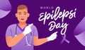 Young nurse with a stethoscope points to the inscription - World Epilepsy Day, March 26. Purple ribbon. Brain disease