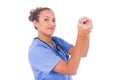 Young nurse washing hands with soap