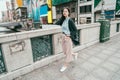 Young office lady walking on the bridge Royalty Free Stock Photo