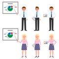 Young office man, woman vector illustration. Standing with pointer, presentation, notes, hands on hips guy, lady cartoon character