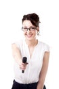 Young office woman interviewer with microphone on white backgrou