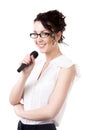 Young office woman with microphone on white background Royalty Free Stock Photo