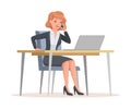 Young Office Woman Sitting at Desk with Laptop Speaking by Phone Engaged in Workflow Vector Illustration Royalty Free Stock Photo