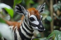 Young okapi calf with distinctive striped markings explores its natural forest habitat Royalty Free Stock Photo