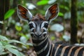 Young okapi with distinctive zebra-striped legs and white face markings standing in a dense forest environment Royalty Free Stock Photo